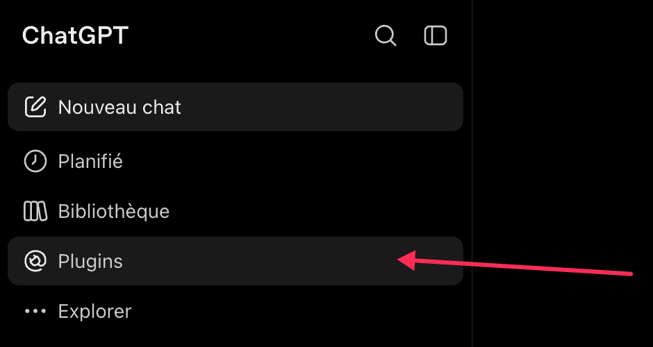 Barre latérale de ChatGPT, entrée Plugins