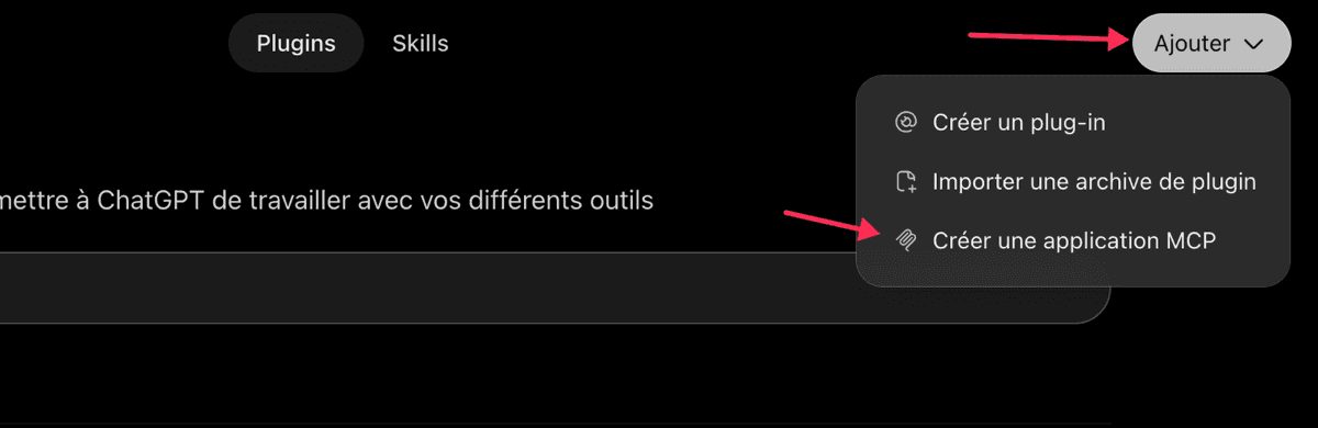 Add menu on the Plugins page, Create an MCP app option