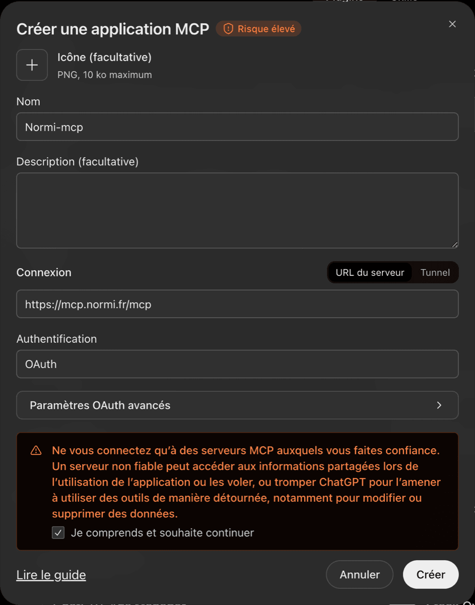 Formulaire Créer une application MCP : nom Normi-mcp, URL https://mcp.normi.fr/mcp, authentification OAuth