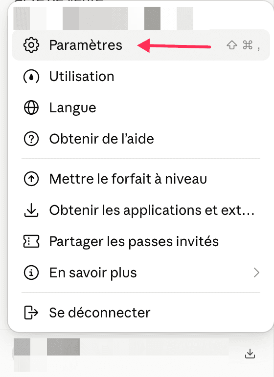 Menu du compte Claude, avec Paramètres en surbrillance