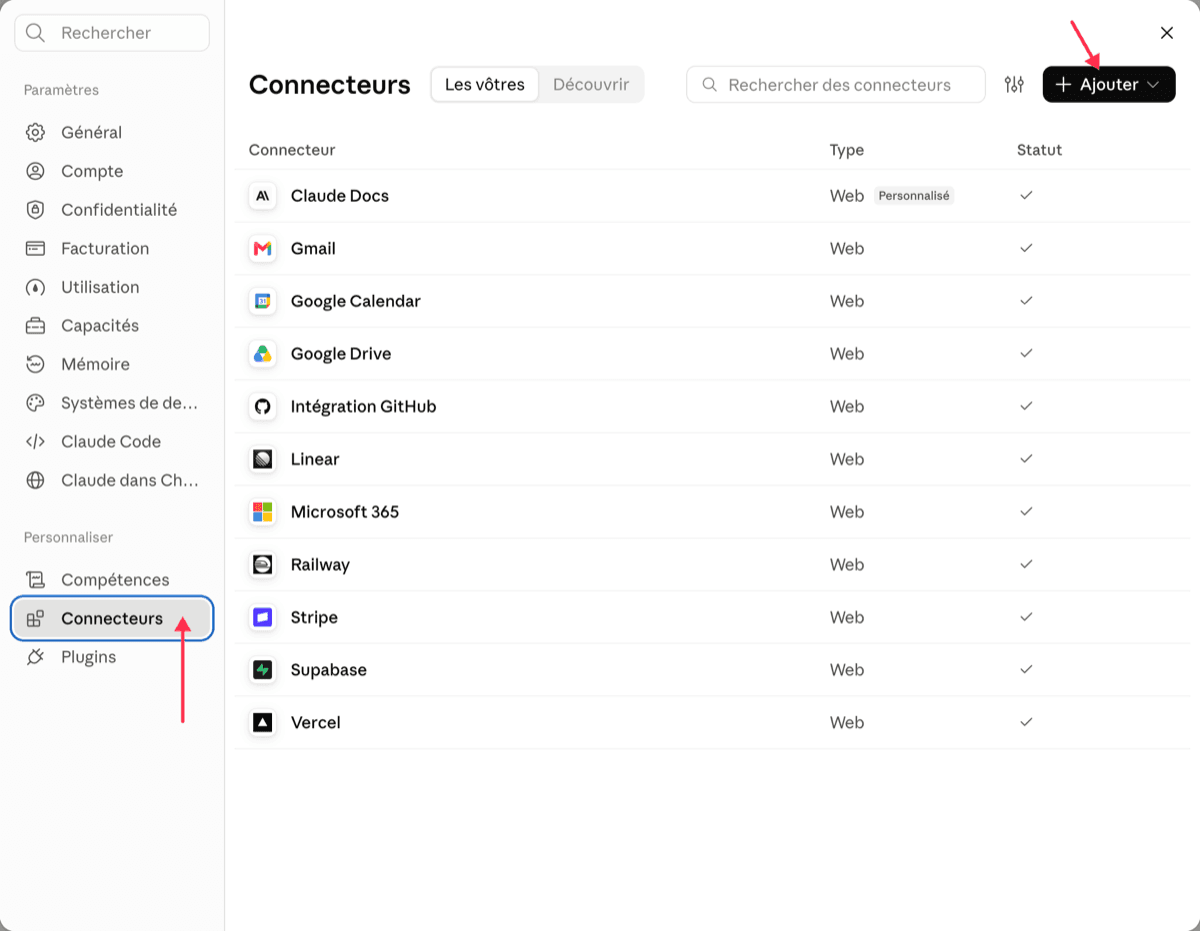 Claude Connectors settings page, Add button at the top right