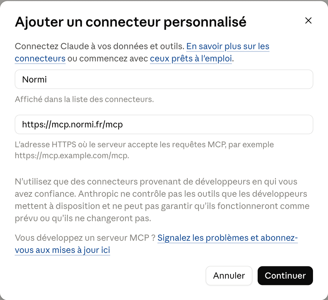 Add custom connector dialog with name Normi and URL https://mcp.normi.fr/mcp