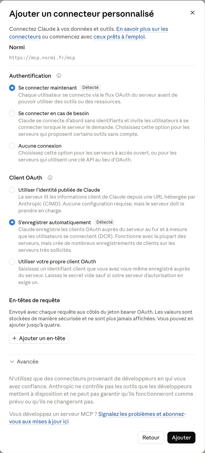 Deuxième étape : Authentification « Se connecter maintenant » et Client OAuth « S’enregistrer automatiquement » détectés